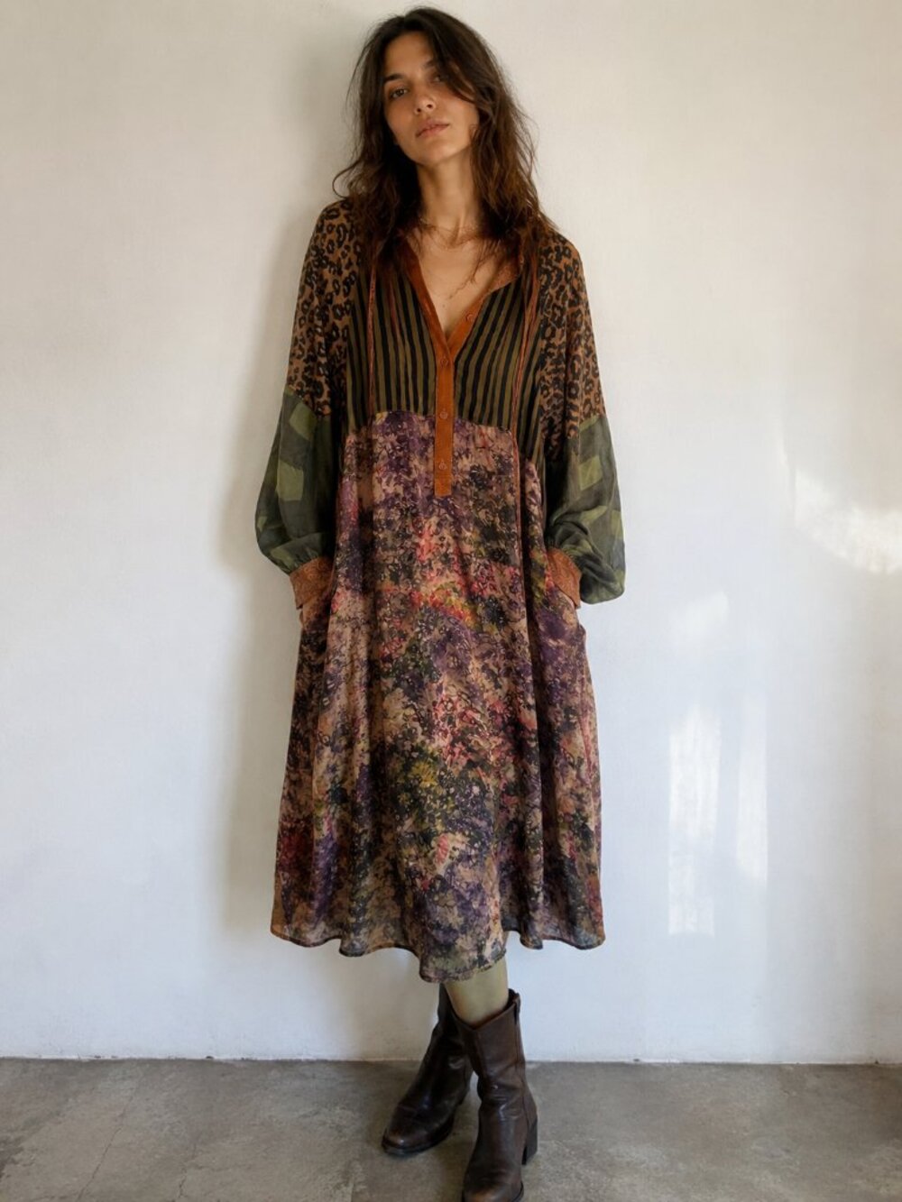 Vintage Raquel Allegra 100% Silk Patchwork Boho Luxe Midi Dress Size 0